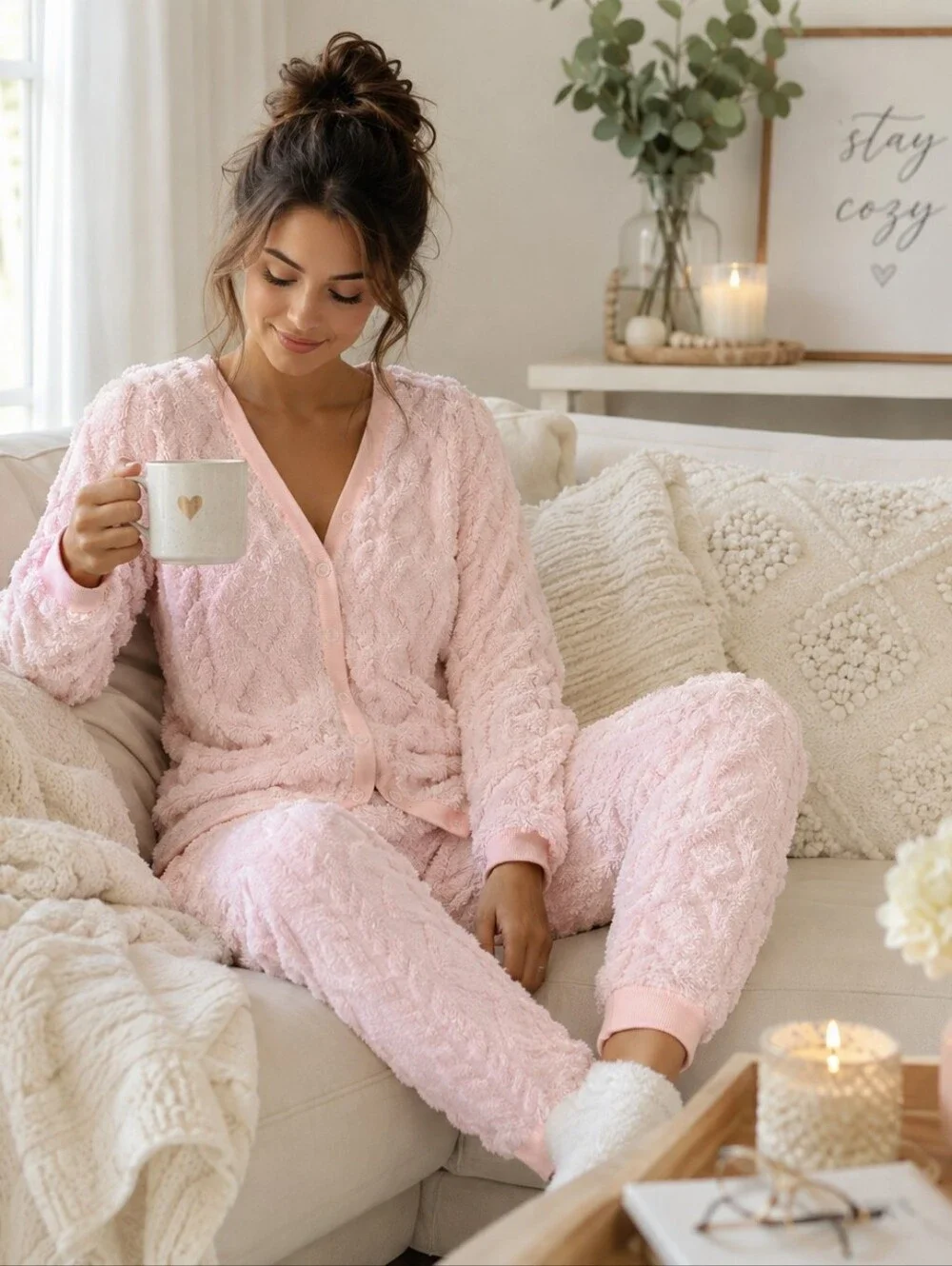 Pink Plush Cable Knit Pajama Lounge Set Size Medium
